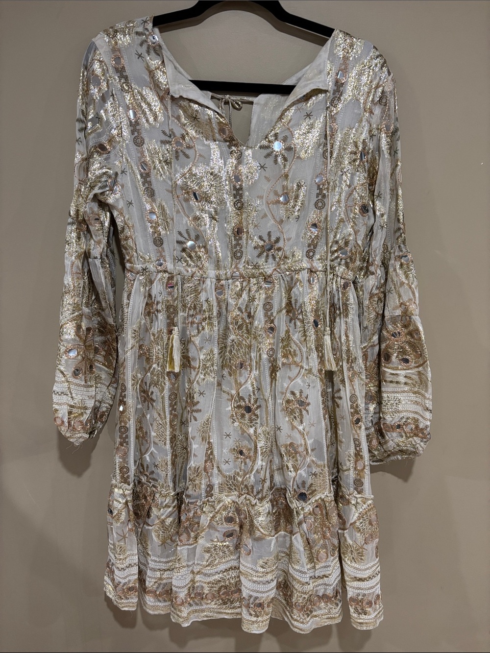 Women's White and Gold Embroidered Boho Dress